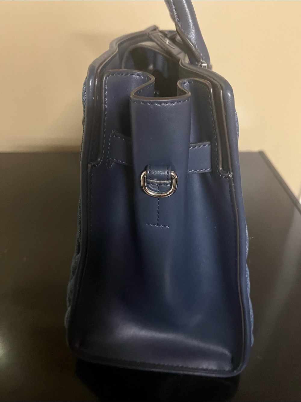 EUC Michael Kors Hamilton Denim-Textured Navy Satchel with Shoulder Strap - Picture 13 of 14